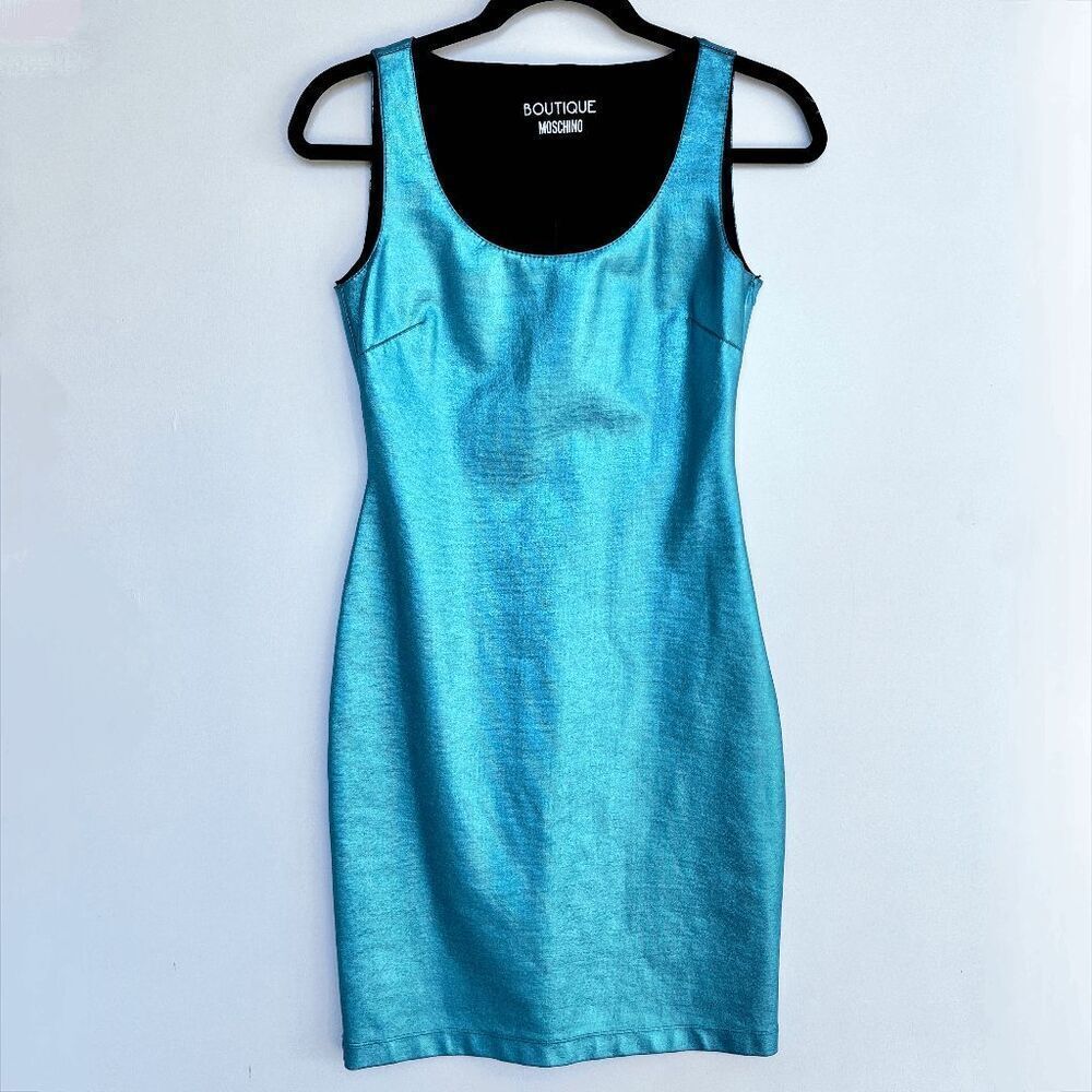 Authentic Boutique Moschino Blue Metallic Foil Bodycon Stretch Dress - SZ 6